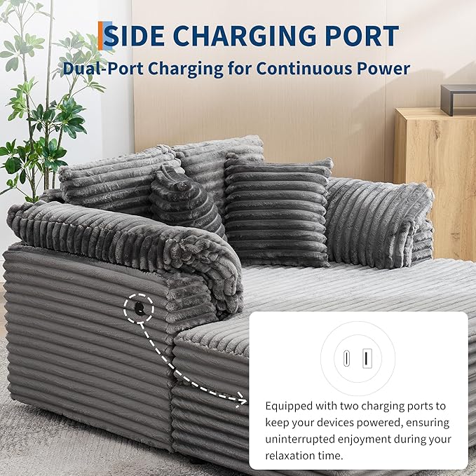 Oversized Chaise Lounge Chair Indoor Upholstered Sofa Bed with Throw Pillows and Armrests Comfy Corduroy Sleeper Couch with Cup Holders and Charging Port for Living Room Bedroom 60 Inch Wide Grey