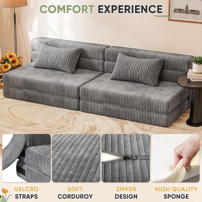 Homall Folding Sofa Bed Floor Couch Convertible Sleeper Chair with Pillow Comfy Futon Lounge Sofas Portable Fold Out Chair Bed for Living Room Small Space (Corduroy Slate Grey)