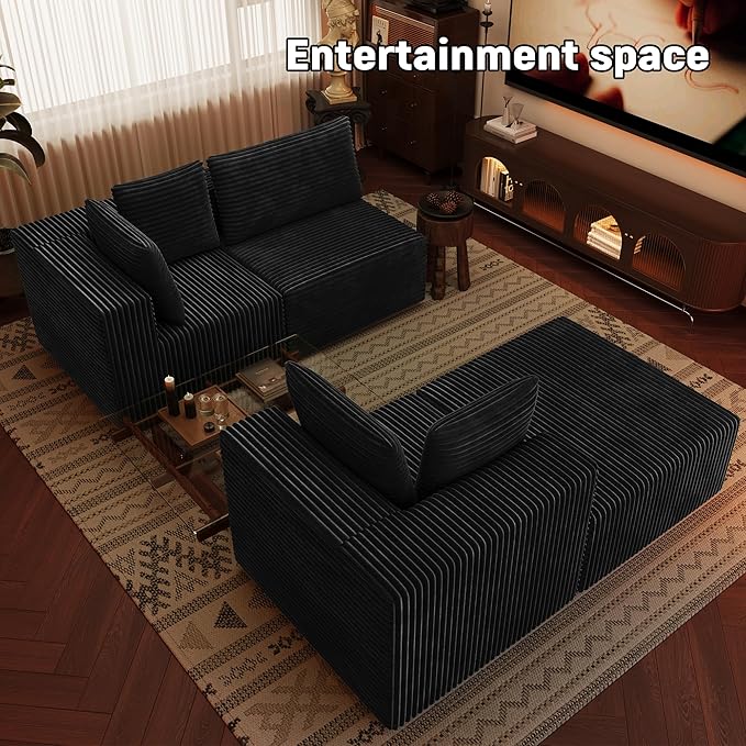 106 Sectional Sofa Couch 4-Piece L-Shaped Cloud Couch with Chaise Modular Sofa for Living Room with Sturdy Metal Frame &amp 5 Pillows Boneless Fluffy Corduroy Deep Seat Couch(Black)
