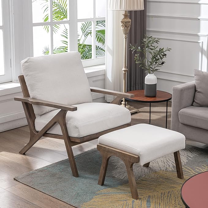 chairus Mid-Century Modern White Linen Accent Chairs with Ottomans Set of 2 Comfy Upholstered Lounge Armchairs with Solid Wood Frame Fabric Reading Chairs for Living Room Bedroom Office