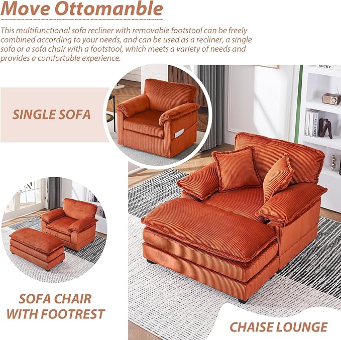 TTK Oversized Chaise Lounge Chair with Ottoman - 39.17 Wide Modern Sleeper Sofa for Living Room Bedroom &amp Office - Deep Seat Sectional Couch with Pillow Comfortable Reading ChairOrange