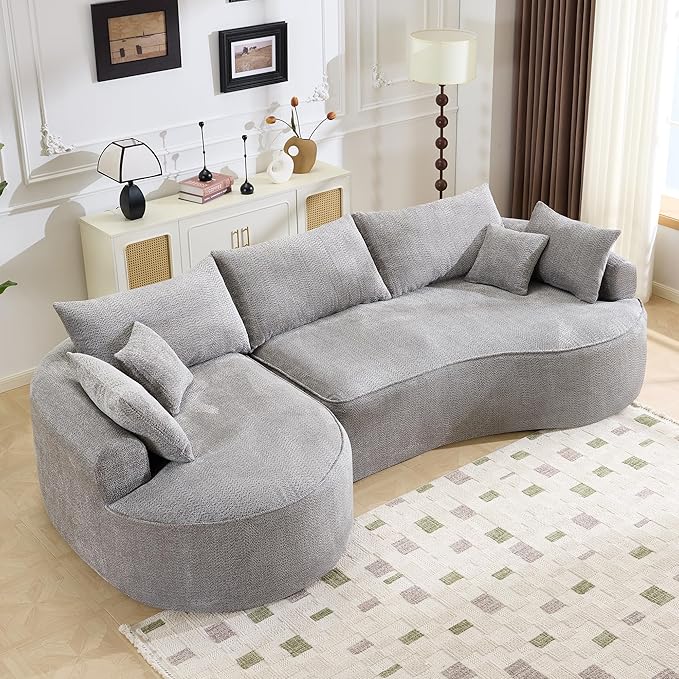 ERYE Oversized Curved Tight Backrest Sofa Floor Boneless Modular Foam Sofa Couch with Left Facing Chaise Lounge and 7 Pillows Chenille Upholstered No Assembly Required