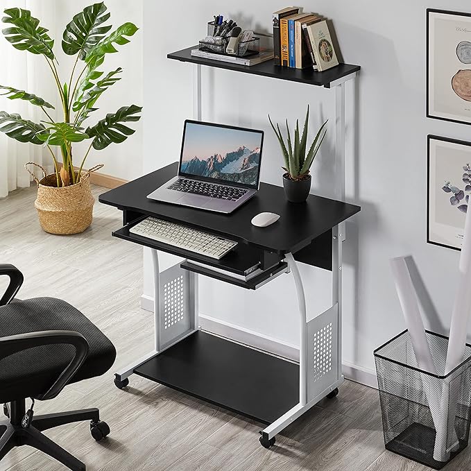 Yaheetech 2 Tier Mobile Computer Desk with Printer Shelf &amp Keyboard Tray Rolling Computer Table for Small Spaces Compact Study Workstation with Wheels Space Saving Black