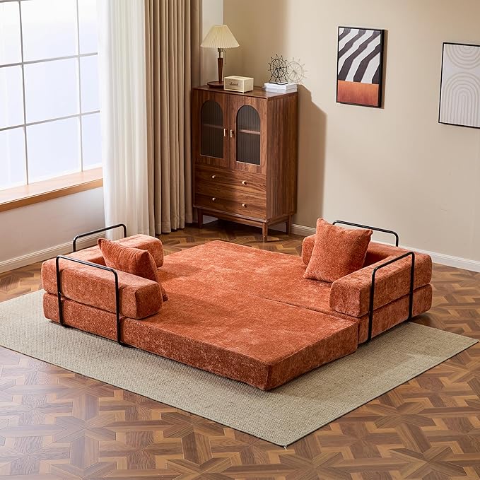 Folding Convertible Sofa Bed 4-in-1 Boneless Couch Sleeper Sofa 76.8'' Chenille Foldable Mattress Couch with Fixed-Shape Frame Floor Sofas Modular Futon Couches for Living Room Orange