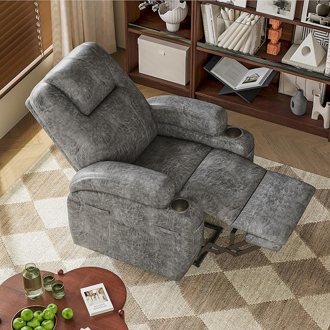 Electric Power Lift Recliner Chair with Massage for Elderly Corduroy Fabric Recliner Single Sofa with Cup Holders Side Pockets and Remote Control for Living Room Bedroom (Leathaire Light Gray)