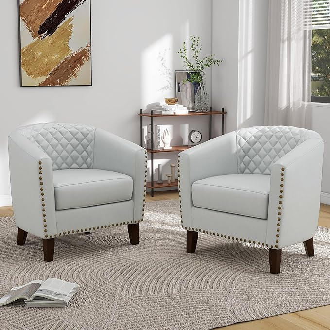 Pia Ricco Faux Leather Barrel Accent Chair Modern Club Arm Chair Comfy Upholstered Single Sofa Chair with Solid Wood Legs and Nailhead Trim for Living Room/Reading Room (White)