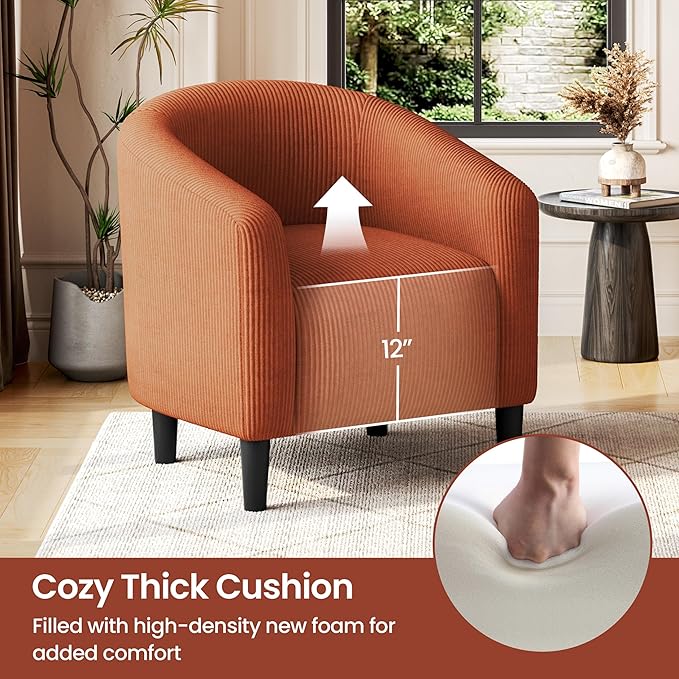Yaheetech Accent Barrel Chair Corduroy Fabric Club Chair Furry Sherpa Elegant Armchair with Cozy Soft Padded Suitable for Living Room Bedroom Reception Room Office Brick Red