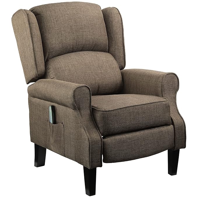 HOMCOM Vibration Massage Recliner Chair for Living Room with Heat Wingback Single Sofa Modern Linen Fabric Push Back Reclining Chair with Footrest Side Pocket Brown
