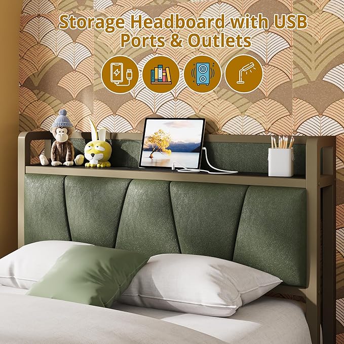 LIKIMIO Twin XL Bed Frame Storage Headboard with Charging Station Solid and Stable Noise Free No Box Spring Needed Easy Assembly (Dark Green)