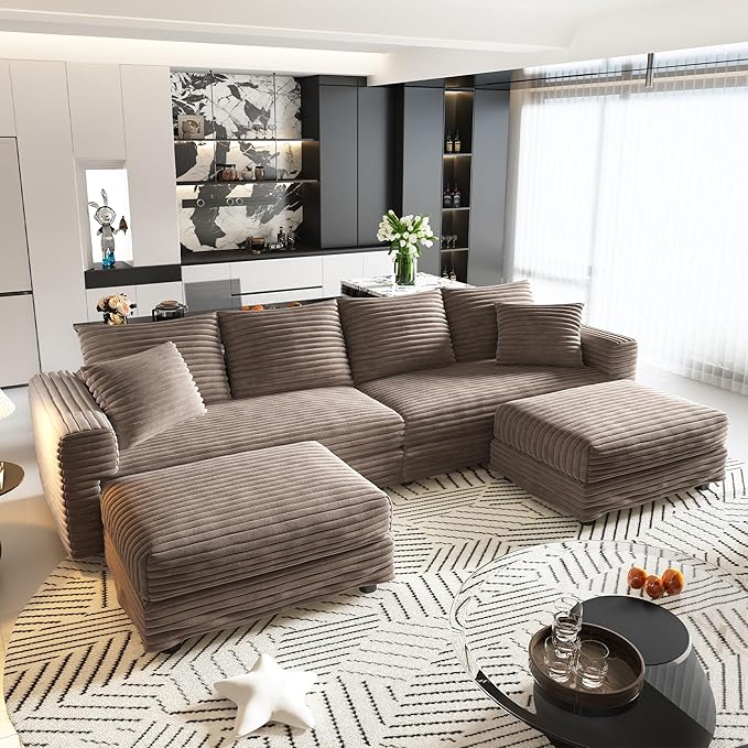 Cloud U Shaped Couch Modular Sectional Sofa 4 Seater Corduroy Cloud Sofa Couch with Ottoman 102.4'' Oversized Chaise Lounge Sleeper Sofas Deep Seat Sectional Couches for Living Room Camel