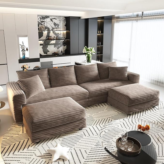 Cloud U Shaped Couch Modular Sectional Sofa 4 Seater Corduroy Cloud Sofa Couch with Ottoman 102.4'' Oversized Chaise Lounge Sleeper Sofas Deep Seat Sectional Couches for Living Room Camel