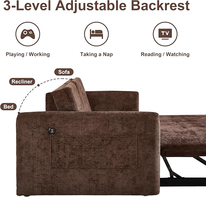 57.48 Convertible Sofa Bed with Cup Holder Pull Out Sleeper Sofa Bed with USB Charging Ports 3 in 1 Convertible Sleeper Sofa Bed for Living Room Apartment Bedroom RV Brown