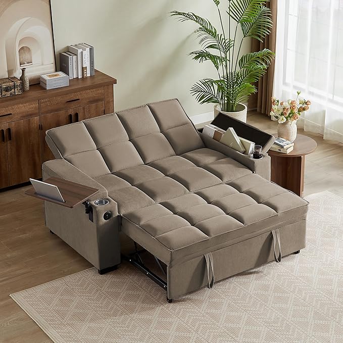 66 Multi-Functional Pull-Out Sofa Bed with Hidden Side Table Storage Armrests Built-in Charging Port Spring Mattress Solid Wood Frame – Ideal for Small Spaces Easy Assembly