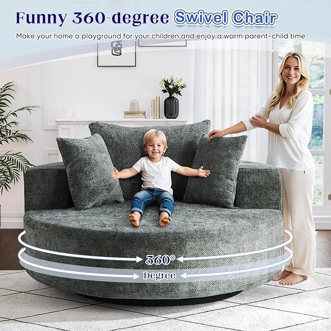 Oversized Round Swivel Chaise Longue Chair Indoor Modern 55-inch 360 Degree Swivel Upholstered Waffle Chenille Deep Seat Circle Single Cloud Sofa Chair for Living Room Bedroom Apartment Office Green