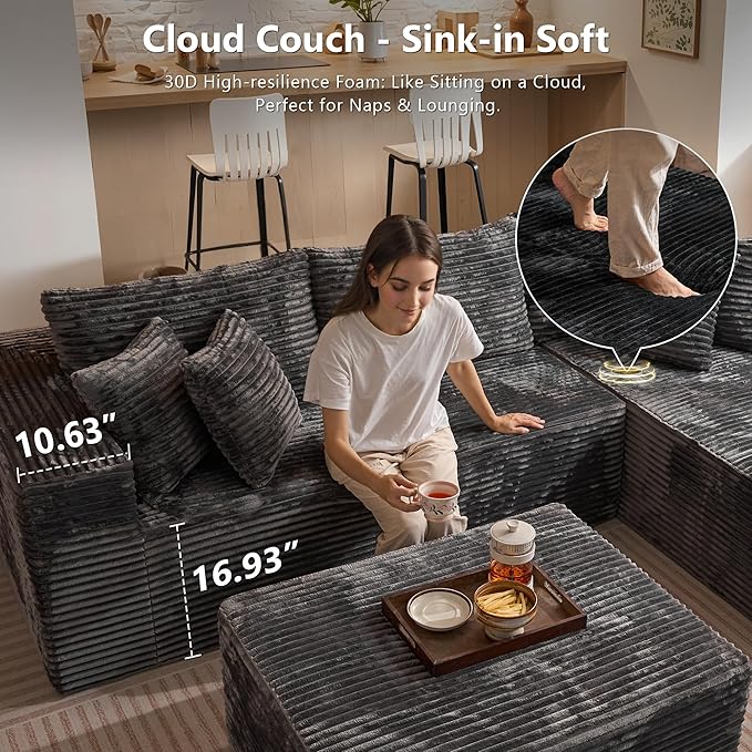 108 L-Shape Boneless Couch with Ottoman Modern Deep Seat Cloud Sectional Couches for Living Room Plush Corduroy Memory Foam Modular Sofa in a Box Grey