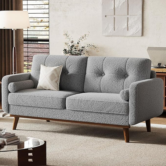 GarveeHome 65 in Loveseat Sofa Mid Century Modern Couch Comfy Love Seat Couches for Living Room 2 Seater Deep Seat Couch Teddy Fleece Boucle Upholstered Couches for Bedroom Office Small Space Grey