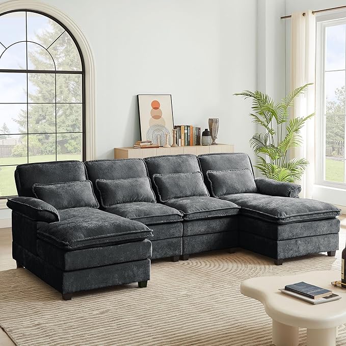 112 Modular Sectional Sofa U Shaped Comfy Cloud Couch with Double Chaise and Padded Armrests Modern Deep Seat Sectional Couches for Living Room Apartment Office Dark Grey