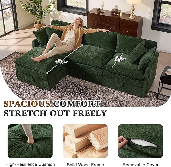 Ihanherry 103 Modular Sectional Sofa with Storage L Shaped Cloud Couch with Movable Ottomans &amp 4 Pillows Chenille Deep Seat Sectional Couches for Living Room Apartment (Green)