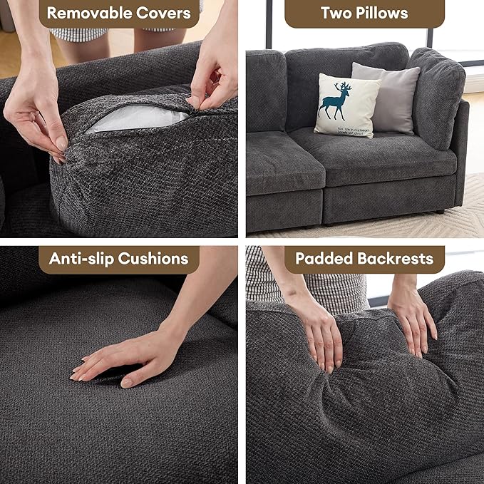 Modern Loveseat Sofa 68.5 inches Living Room Couch Dark Gray Chenille Fabric 350 lbs Weight Capacity