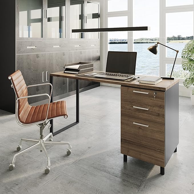 Modern Design Milano Office Computer Desk with 3 Locking Drawers 48 Inch Walnut and Black Industrial Wood Desk with Filing Drawer and Storage by Crafts and Comfort