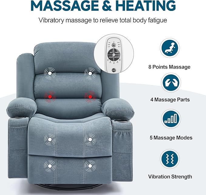 Rocker Recliner Chair with Heat and Massage 360° Swivel Nursery Rocking Chairs for Adults Oversized Recliner Single Sofa Seat with Cup Holders Lazy Boy Recliner Single Sofa (Manual Blue)