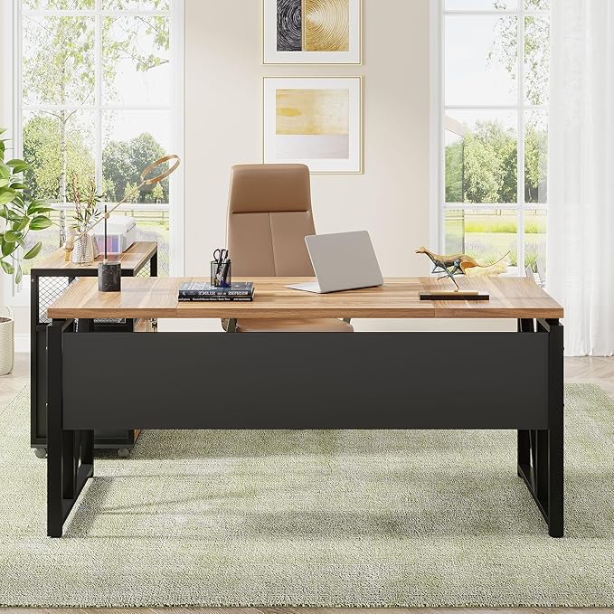 Tribesigns 63 Executive with Drawer Cabinet L Shaped Desk and Lock lateral File Cabinet 2 Piece Home Office Furniture Set with Drawers for Hanging File (Brown 63 inches)