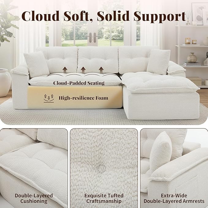 110 Modular Sectional Sofa Cloud Sectional Couch with Ottoman Modern L Shaped Sofa with Deep Seat Upholstered Boneless Couch for Living Room with Layered Cushion No Assembly Beige