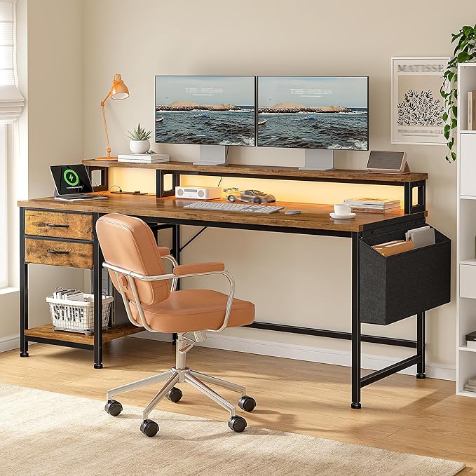 55 Gaming Desk with LED Strip Computer Desk with Drawers &amp Storage Bag Office Desk with Power Outlets &amp Monitor Stand Home Office Desks for Bedroom Gaming Room Rustic Brown