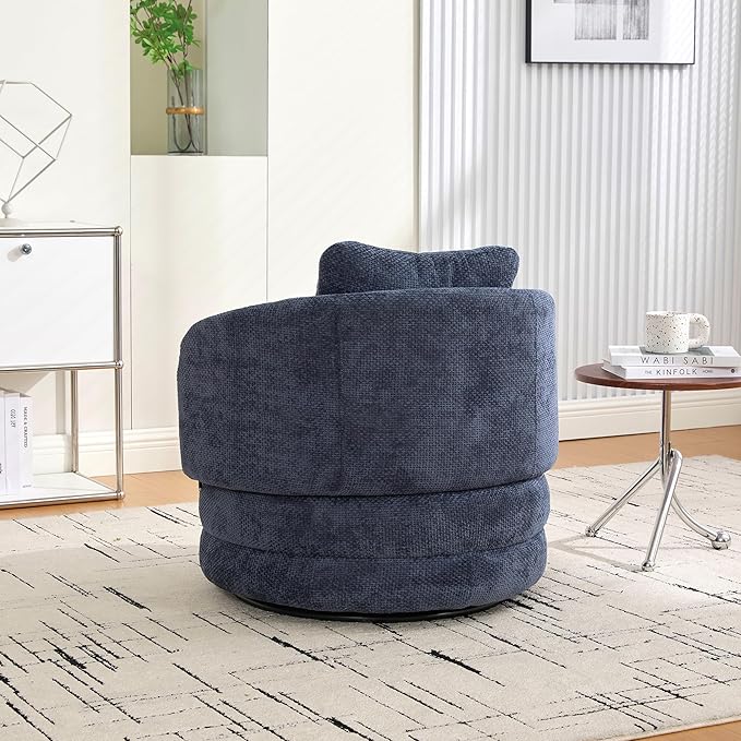 30 Modern Round Chenille Barrel Accent Chair 360° Swivel Ergonomic Comfy Upholstered with Pillow for Living Room Bedroom Reading Room Balcony Lounge Navy