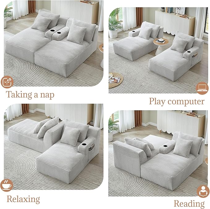 Double Chaise Lounge Sofa Boneless Cloud Couch Bed with Cup Holders and Side Pockets Comfy Deep Seat Sleeper Sectional Loveseat Chair for Living Room (Light Grey 2 Seat)
