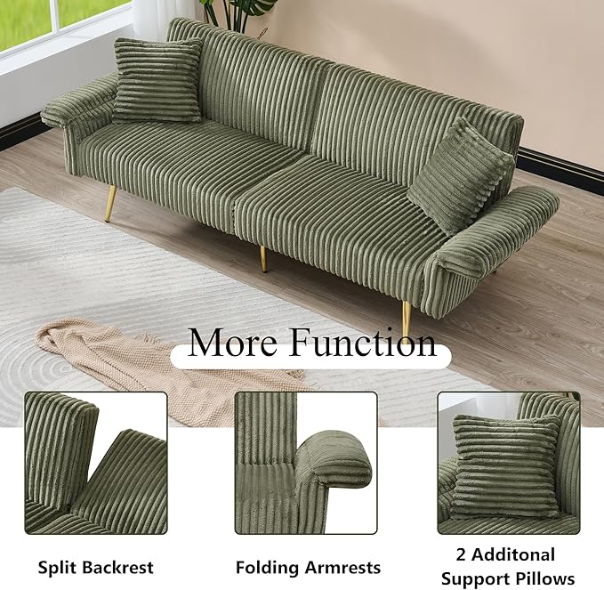 73 Convertible Futon Sofa BedComfy Teddy Fabric Sleeper Couch with 3 Reclining BackrestsGolden Chrome LegsModern Cloud Sofa Loveseat for Small Living Room Office (Green-Corduroy)