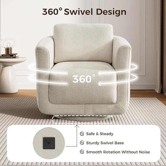Swivel Accent Chair 360° Upholstered Swivel Chair 350 lbs Capacity Kiln Dried Solid Wood Frame Lumbar CushionFSC Certified Upholstered Chair for Living Room BedroomBeige