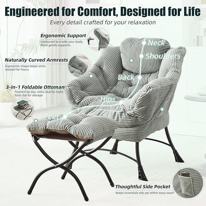 QQU Lazy Lounge Chair with Ottoman Plush Reading Armchair with Footrest &amp Side Pocket Indoor Accent Chair and Ottoman Set for Living Rooms Bedrooms Small Spaces Dorms Apartments Light Green
