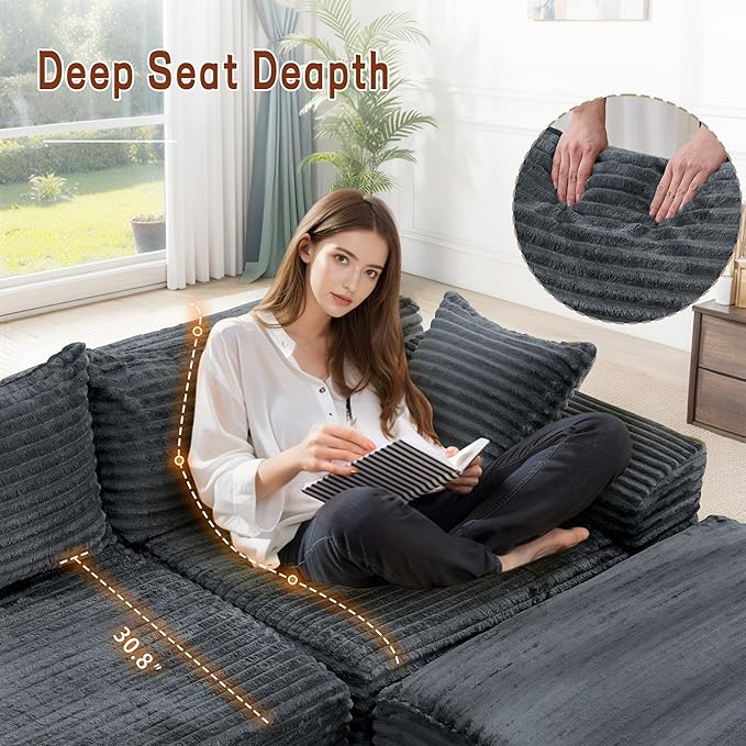 110 L-Shaped Modular Sectional Sofa with Chaise Boneless Comfy Corduroy Fluffy Couch with Deep Seat and Side Pockets Flexible Module Combination for Living Room No Assembly Side Pockets