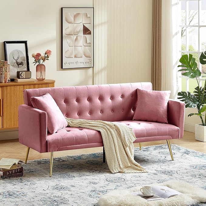 Anwick Modern Velvet Futon Sofa Bed: 72 Satin Convertible 2 Pillows Tufted Back Golden Metal Legs Folding Sleeper Loveseat for Small Space Home Office Living Room (Pink)