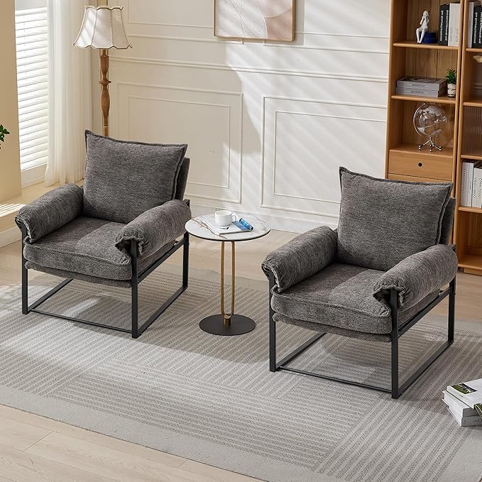 YISHENG Accent Chair with 6-Angle Adjustable Backrest(90°–180°) Chenille Fabric Living Room Chair Upholstered Lounge Chair Modern Cozy Reclining Chair for Reading Reception RoomBalcony 2PC Gray