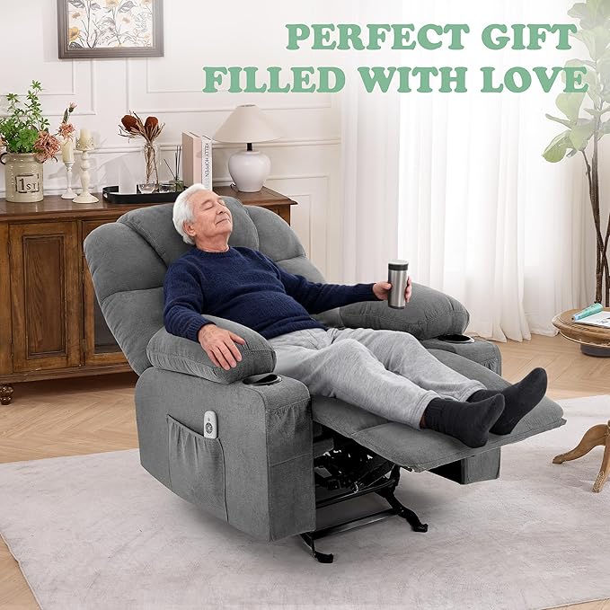 Manual Recliner Chair Rocker Recliner with Vibration Massage &amp Heat Ergonomic Reclining Fabric Living Room Chairs for Bedroom Nursery Single Sofa with 4 Pockets 2 Cup Holders Grey