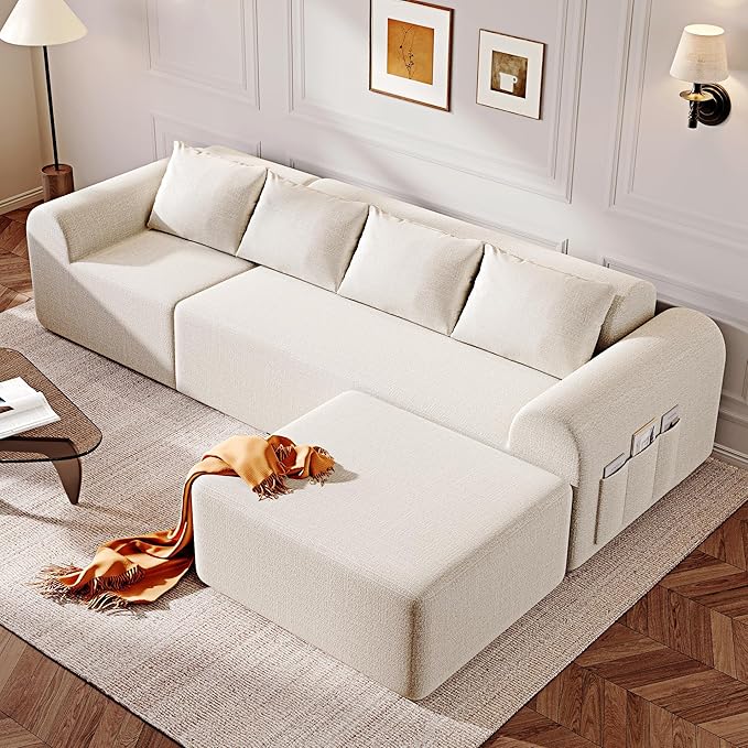 105.5” Cloud Boneless Sectional Sofa for Living Room L-Shaped 4-Seater Modular Couch with Ottoman &amp 4 Pillows Deep Seat Chenille Fabric Sofa No Assembly 72H Full Restore Beige