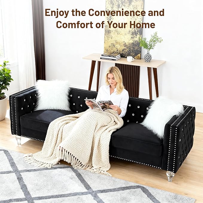 Luxury 3 Seater Sofa Couch with Acrylic Crystal LegsChesterfield 3-Seater SofasModern 83 Diamond Button Tufted 3 Seat Couches with Silver Nailhead Trim for Living Room (Black 3 Seater)