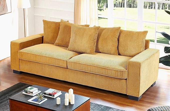 Luxe Corduroy Sofa with 5 Matching Toss Pillows Sleek Design Spacious and Comfortable 3 Seater Couch for Modern Living Room 88 Wide Ginger