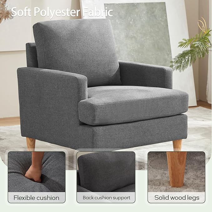 VKNOW Mid-Century Accent Chairs Set of 2 No Tools Assembly Required Modern Upholstered Polyester Armchairs for Living Room &amp Bedroom Comfortable Reading Chairs with Wood Legs Dark Grey