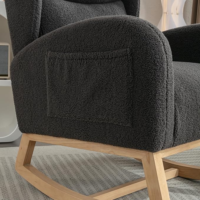 Setawix Teddy Rocking Glider Chair for NurseryUpholstered Living Room Rocker Arm ChairLeisure Sherpa Wingback ArmchairMid Century Modern Rocking Accent Chair with Side Pockets (Wingback Dark Grey)