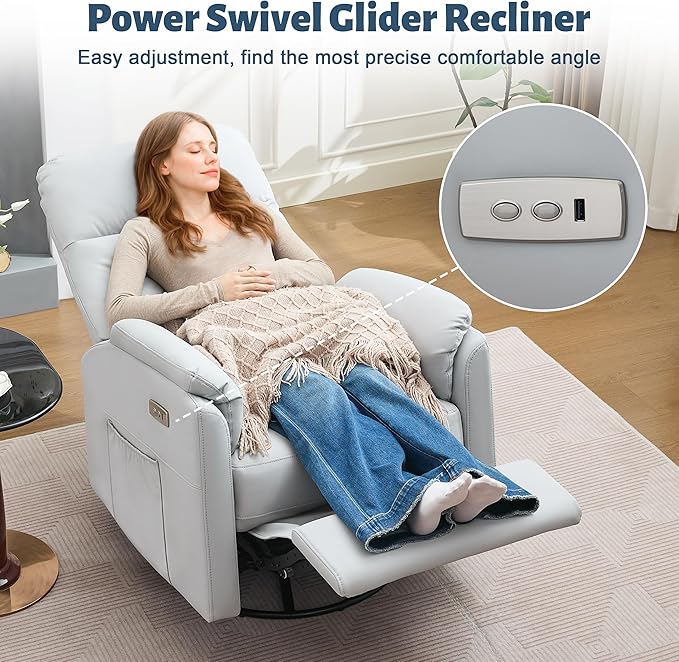 Power Glider Recliner Nursery Rocking Chair with USB Ports Glider Chair with Lumbar Pillow for Living Room Glider Swivel Recliner Chair for Nursery(Gray)