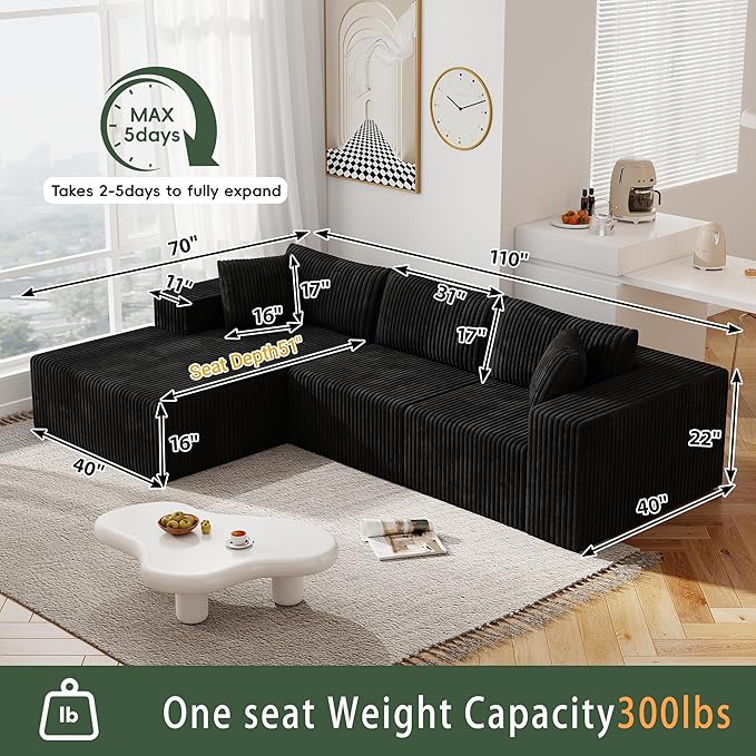 110 Modular Sectional Couch with L-Shaped Chaise Cloud Sectional Couch with Deep Seat Corduroy Sofa for Living Room Bedroom No Assembly Required (Left Facing Chaise) Charcoal Black