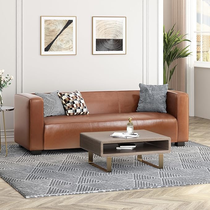 80.25 PU Leather Upholstered Couch Modern 3 Seater Sofa with Tufted Back and Square Arms Nailhead Sofa for Living Room Office Apartment Small Space Light Brown