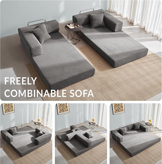 YINIX Sofa Bed 62'' Folding Floor Couch Compressed Convertable Sleeper Sofa Memory Foam Couch with Pillow Back Support Armrest 4-in-1 Futon Sofa Bed for Living Room Silver