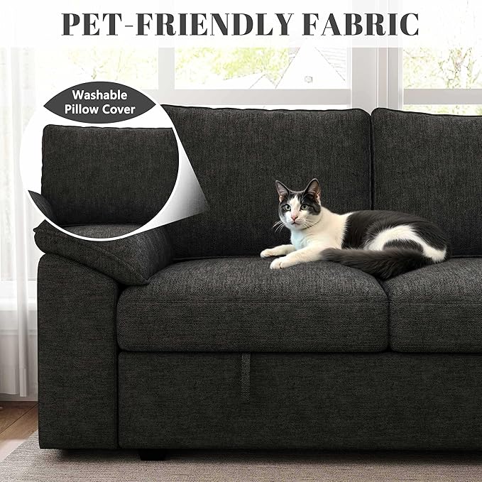 85 Inch Modular Sectional Sofa with Pull Out Bed L Shaped 5 Seat Sectional Sleeper Sofa with Storage Sectional Couches for Living Room Cloud Modular CouchRemovable Sofa Cover Black
