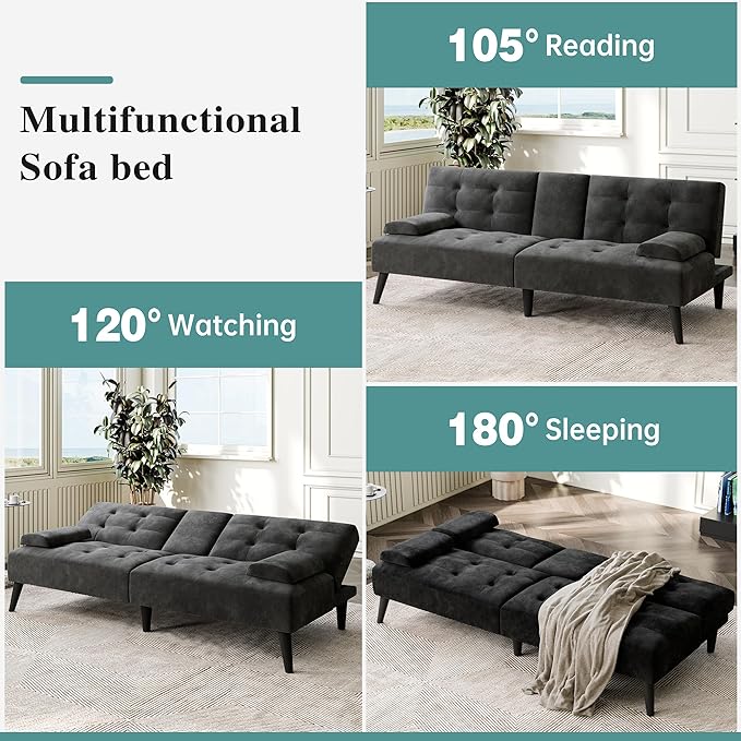 Meilocar 64 Futon Sofa Bed 64 Convertible Loveseat with 2 Cup Holders Small Couch with 3 Adjustable Angles &amp Removable Armrest Modern Sleeper Sofa for Apartment5.3 FT Black