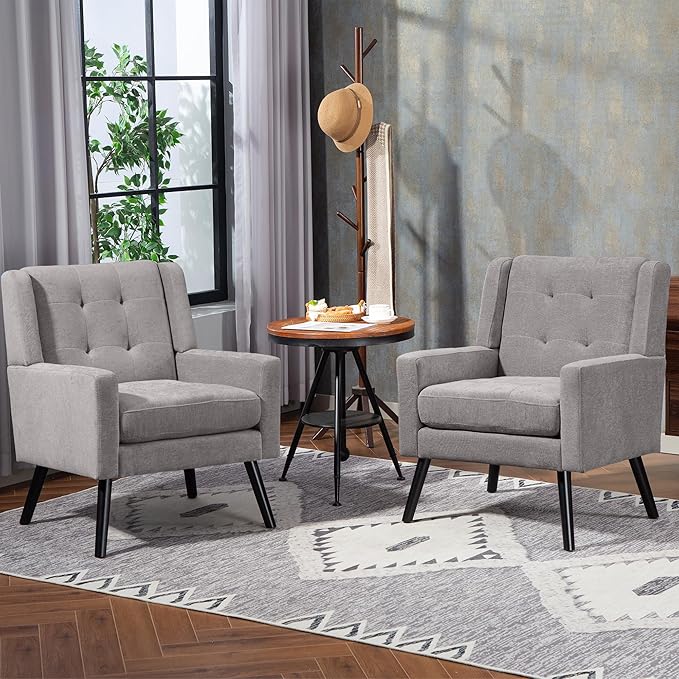 Mid-Century Modern Accent Chair Set of 2 Plush Linen Fabric with Button Tufted High Back &amp 5 Thick Cushion High Comfort Reading Chair for Living Room Bedroom Office (Light Gray)