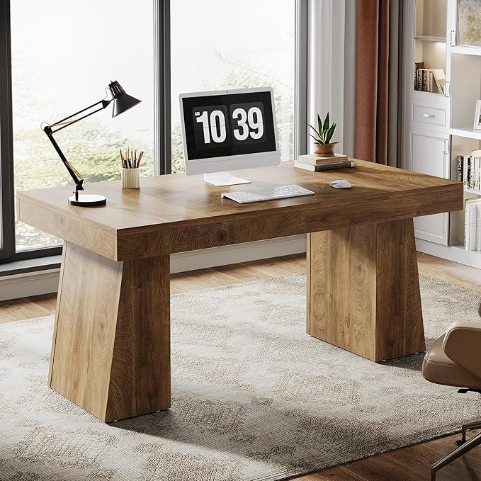Tribesigns 55 Inches Executive Desk Mid-Century Modern Home Office Desk Wood Computer Table Business Workstation Small Conference Table Light Brown